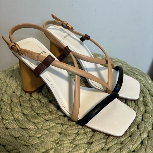 Carrano Neutral Square Toe Wood Heel  Strappy Heel Sandals - Picture 3 of 9
